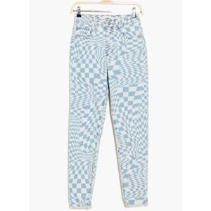 Tinseltown Mom Jeans Juniors 5/27 Hi-Rise Checkered Print Denim Frayed Hem Ankle